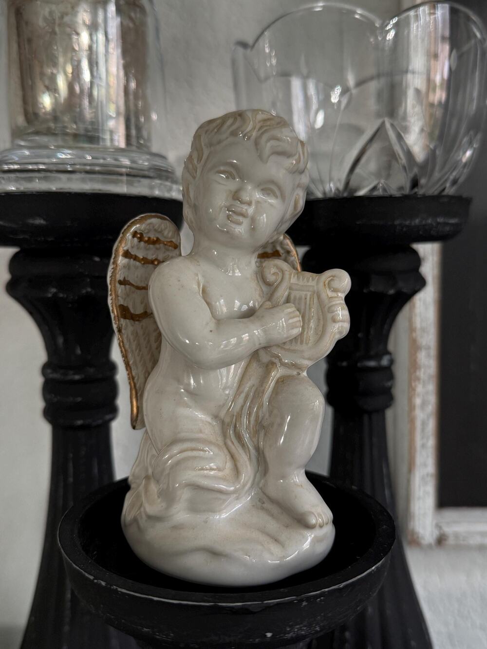 Vintage Ceramic Cherub Angel Figurine Playing a Harp